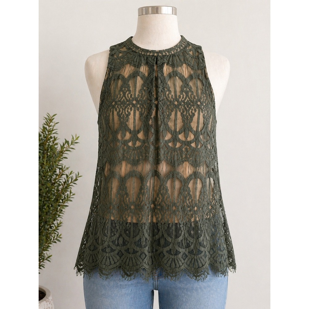 Love Fire Lace Small Olive Green Sheer Crochet Tank Boho Festival Y2K Sleeveless